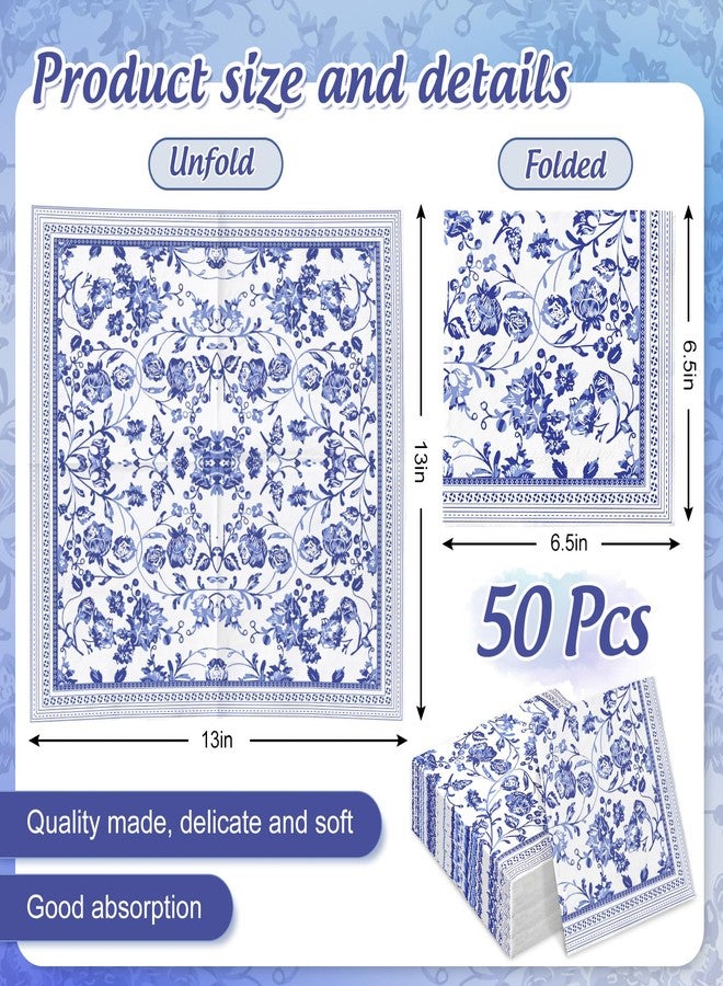 JarThenaAMCS مناديل غداء JarThenaAMCS زرقاء وبيضاء مزينة بنقوش زهور، 50 قطعة، ورقية للاستخدام مرة واحدة، بنمط زهور صيني، مناسبة للحلويات والوجبات الخفيفة، مثالية لحفلات عيد الحب، وحفلات الزفاف، وأعياد الميلاد، وبوفيهات الحفلات. - Image 2